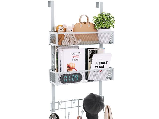 Over The Door Hooks Organizer - 3 Tier Door Hanger with 9 Coat Hooks & 2 Mesh Basket, Back Storage Organizer Hanging Towels for Bathroom, Bedroom,...