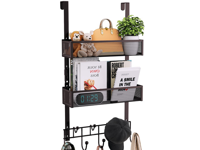 Over The Door Hooks Organizer - 3 Tier Door Hanger with 9 Coat Hooks & 2 Mesh Basket, Back Storage Organizer Hanging Towels for Bathroom, Bedroom,...