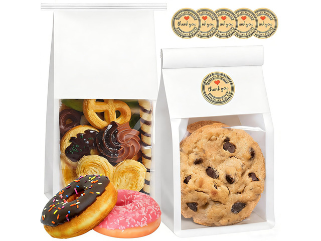 100 Pack White Cookie Bags with Seal, 8.2x3.9x3.1 Inch Tin Tie Tab Lock Bakery Bags with Window Resealable Paper Packaging Bag for Muffin, Candies,...