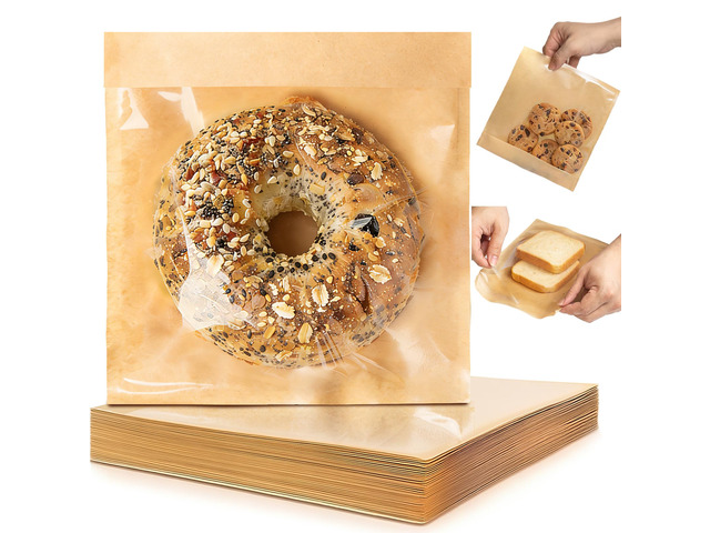 400 Self Sealing Sandwich Bags with Window, Paper Cookie Bags with Seal, Grease Resistant To Go Bakery Sleeves for Packaging Bagels, Donuts, Scone,...