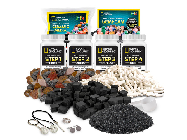 National Geographic Rock Tumbler Grit and Rock Polishing Refill Kit 3 Lbs. Madagascar Rocks, 4-Stage Grit and Polish, Ceramic Media, GemFoam...