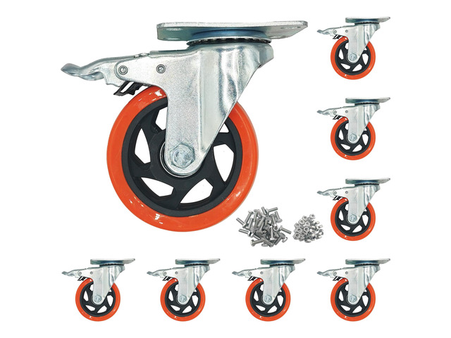 Htudcue 8 Pack 4 Inch Heavy Duty Casters, 2200 lbs Load Per Set of 4, Orange Swivel Plate Casters with Lock Brakes for Garage Workshops & Storage...