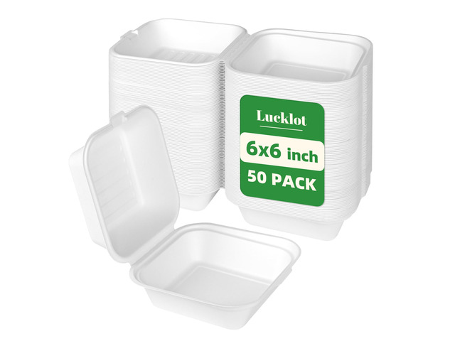 50 Pack 6×6 Inch White Compostable Bagasse Take Out Food Containers Small To Go Disposable Lunch Box, Eco-Friendly Biodegradable Clamshell...