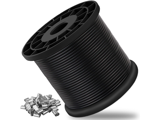 Vinyl Coated Wire Rope 304 Stainless Steel Coated Wire Cable-Black, 1/16' OD to 3/32' x 328FT, with 150 Pcs Crimping Sleeves-Cable for String...