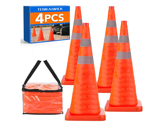 28 Inch 4 Pack Traffic Cones with Storage Bag, Collapsible Safety Cones, Multi Purpose Pop-up Cones with Reflective Collar, Orange Cones for...