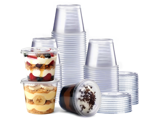 5.5 oz. Plastic Cups with Lids [100 Count] Desserts Containers Leak-Proof, BPA-Free, Crack-Resistant, Stackable Storage, Soufflé, Desserts, Portion...