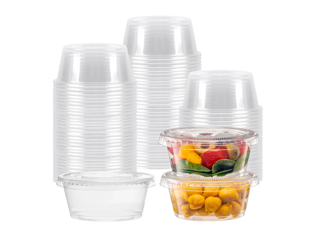 100 Sets 3.25 oz Plastic Disposable Portion Cups with Lids, Souffle Cups, Jello Cups, Snack Cups