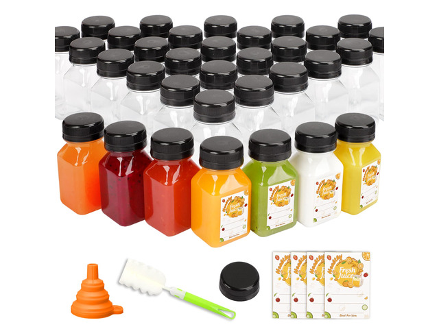 45pcs 4oz Plastic Juice Bottles with Black Caps, Sticker Labels 4oz Plastic Containers with Lids Empty Reusable Clear Ginger Shots Bottles with...