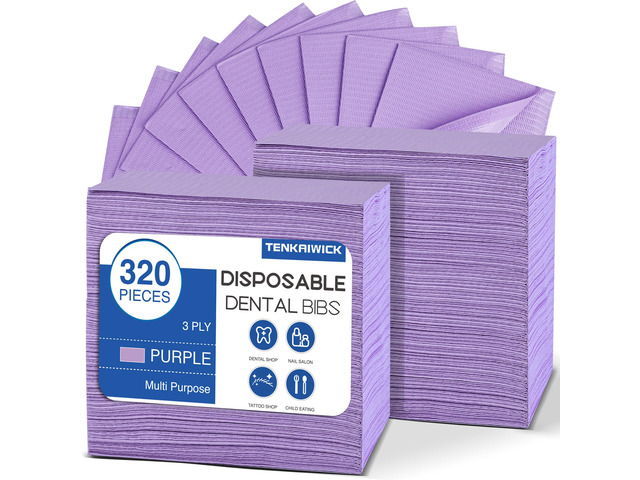 320 Pack Disposable Dental Bibs 13'x18', 3-Ply Waterproof Tattoo Bibs Sheet for Nail Salon, Dental Clinic, Feeding, Tattoo Shop (Purple)