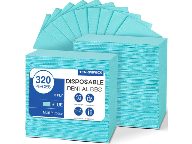 320 Pack Disposable Dental Bibs 13'x18', 3-Ply Waterproof Tattoo Bibs Sheet for Nail Salon, Dental Clinic, Feeding, Tattoo Shop (Blue)