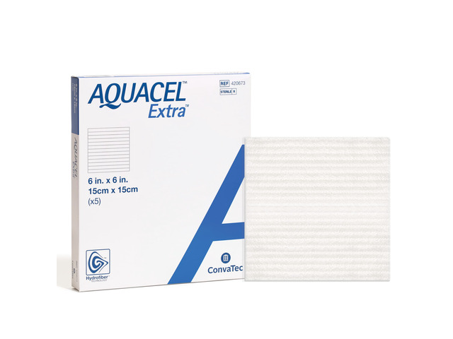 AQUACEL Extra 6'x6' Hydrofiber Wound Dressing, Sterile, 5 Ct Absorbent Bandage for Wounds, Two-Layer Design, Non-Woven, Moderate to Heavy Exudate,...