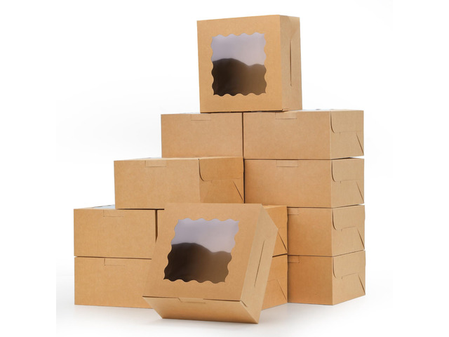 80pcs Cookie Boxes with Window, 6x6x3 Inches Brown Bakery Boxes Kraft Treat Boxes, Dessert Boxes for Chocolate Covered Strawberries, Pastries