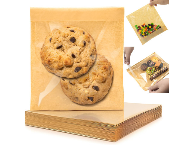 400 Pack Self Sealing Cookie Bags with Seal, 5.9x6.5 Inch Paper Bakery Bags with Window, Grease Resistant To Go Sleeves for Packaging Donut, Snack,...
