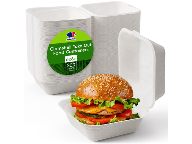 Clamshell Take Out Food Containers, [6 * 6' 200-Pack] To Go Containers Disposable, Sugarcane To Go Boxes for Salad,Lunch