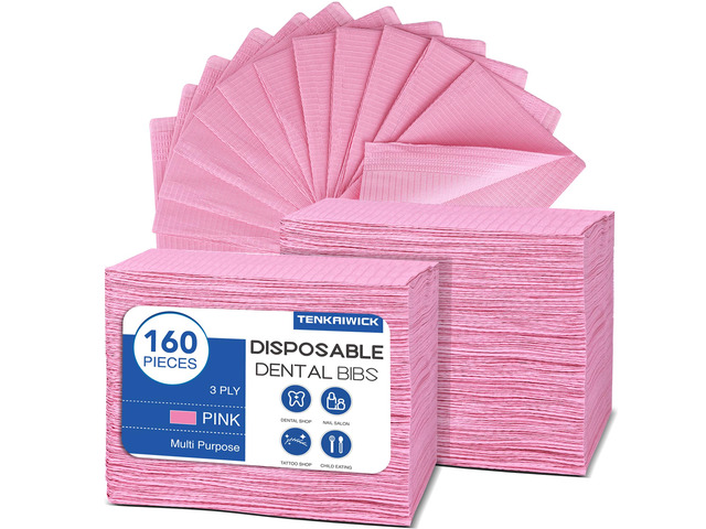 160 Pack Disposable Dental Bibs 13'x18', 3-Ply Waterproof Tattoo Bibs Sheet for Nail Salon, Dental Clinic, Feeding, Tattoo Shop (Pink)