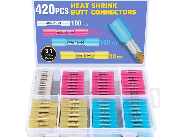 420PCS Heat Shrink Butt Connectors, 26-10 AWG 3:1 adhesive-lined heat shrink, built-in wire stop, 4 color-coded sizes for marine, automotive, and...
