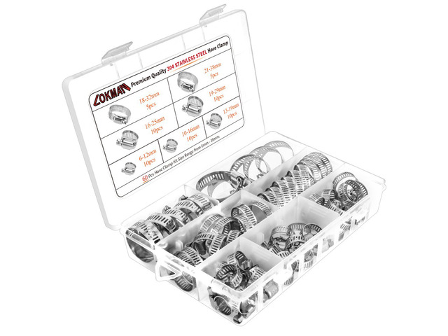 Stainless Steel Hose Clamp Assortment Kit- 60 Pieces, Adjustable 1/4''- 1-1/2'' (6-38mm) Worm Gear Metal Fuel Line Clamp for Plumbing, Automotive...