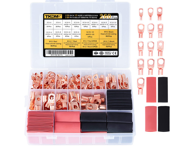 260Pcs Copper Wire Lugs AWG2 4 6 8 10 12 with Heat Shrink Set, 120Pcs Battery Cable Lugs Battery Cable Ends Ring Terminals Connectors with 140Pcs...