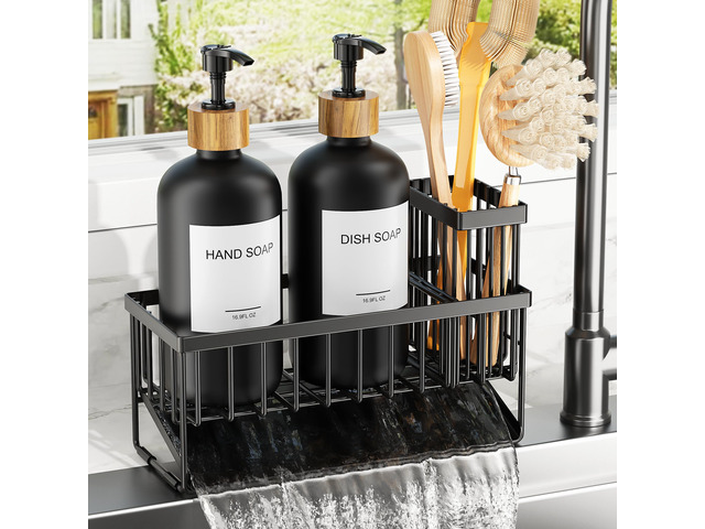 Kitchen Dish Soap Dispenser Set with 2 Pack 16.9oz Amber Glass Bottle and Sponge Holder, Dish Soap Dispensers with Adjustable Sponge Holder,...