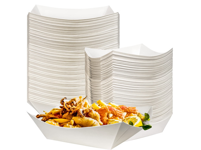 100 Pack 2lb Kraft Paper Food Trays, Waterproof Heavy-Duty Paper Food Boats Disposable Serving Baskets Trays for Fries Sandwiches Burgers Hot Dogs...