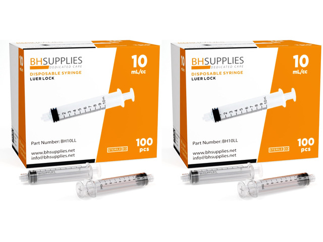 10ml Luer Lock Tip Syringes (No Needle) - Sterile, Individually Wrapped - 100 Syringes (Pack of 2)