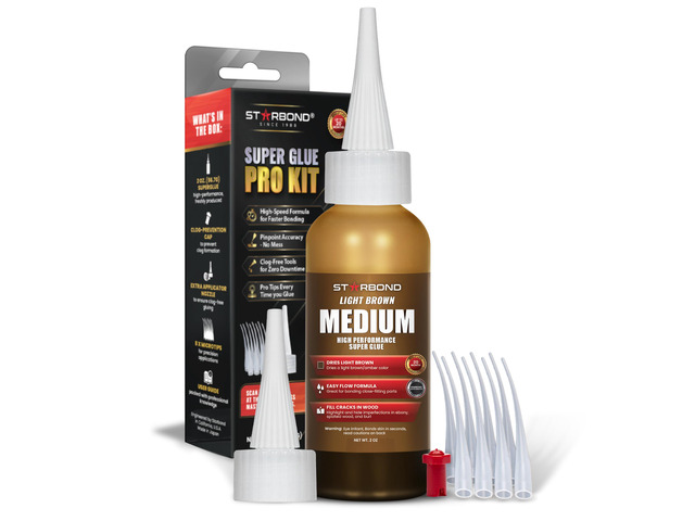 Light Brown Medium CA Glue Pro Kit (2 oz) Premium Cyanoacrylate Super Glue Knot Filler for Woodworking, Woodturning, Carpentry, Furniture Repair,...