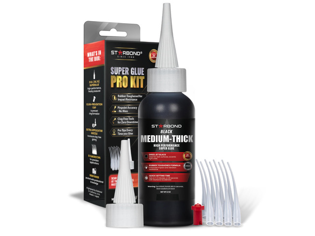 Black Medium-Thick CA Glue Pro Kit (2 oz) Rubber-Toughened, Impact-Resistant Cyanoacrylate Super Glue for Durable Knot Filling, Crack Repair,...