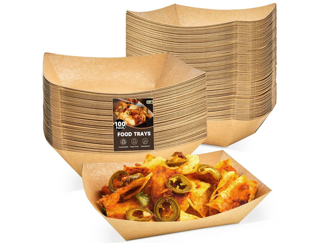 100 Pack 3 Lb Paper Food Trays Disposable, Kraft Paper, Nacho Trays, Food Boats, Taco Holders, Party Serving Baskets, For Hot Dogs Snacks Tacos Fries