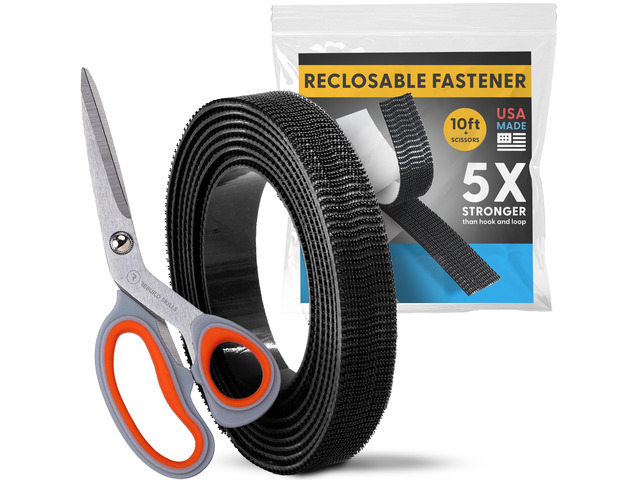 Industrial Strength - 10FT + Scissors Black Indoor/Outdoor Adhesive Mounting Tape - Self Mating Reclosable Fastener Compatible with 3M SJ3550 /...