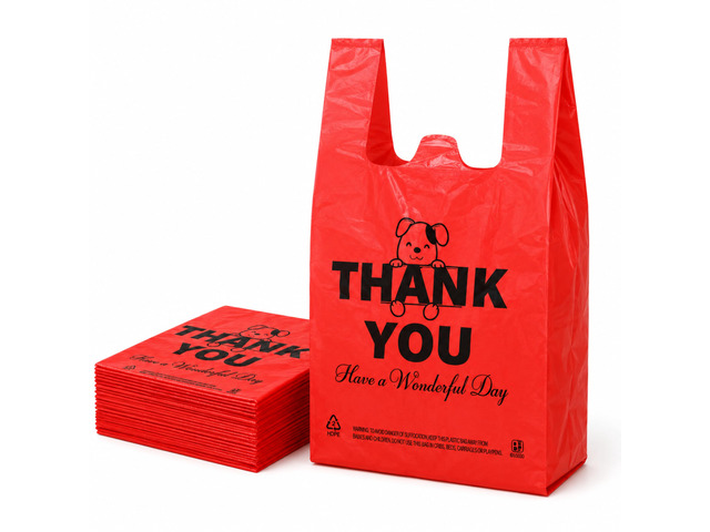 Red Thank you T shirt bag, Grocery shopping bag Reusable and Disposable Supermarket Bag 11''x6''x21'' 100PCS