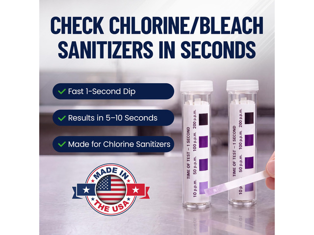 Chlorine Test Strips for Restaurants & Food Services, 4 x Vial of 100 Sanitizer Testing Kits, Precise Bleach Test Strips, 0-200 PPM Testing Kit for...