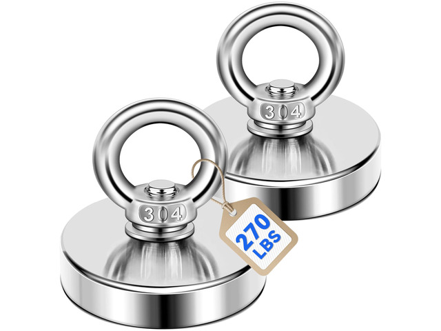 Fishing Magnets with Countersunk Hole 1.88 inch 270LBS Pulling Force 2 Pack Strong Lifting Magnet Neodymium Rare Earth Eyebolt for Retrieving in...