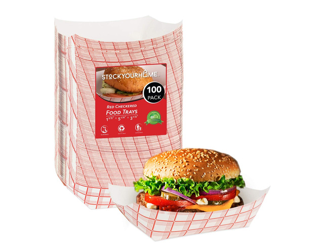 100-Pack 3 lb Paper Food Trays Red & White Checkered Disposable Paper Food Boats, Eco-Friendly Serving Trays for Concessions, Nachos, Snacks &...