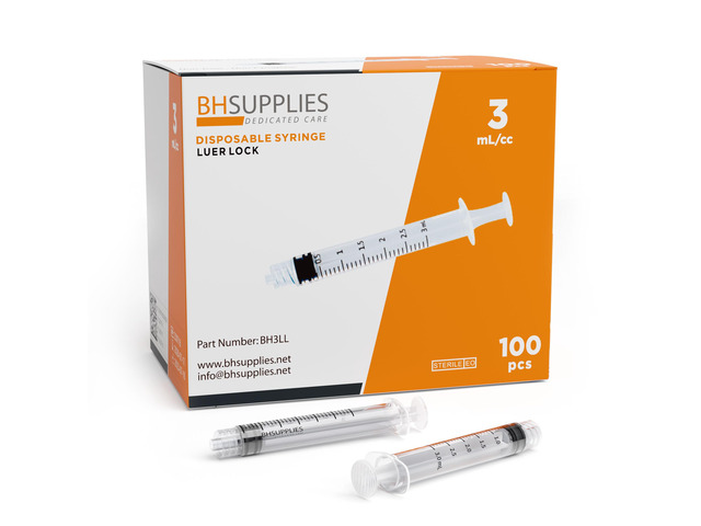 3ml Luer Lock Tip Syringes (No Needle) - Sterile, Individually Wrapped - 100 Syringes