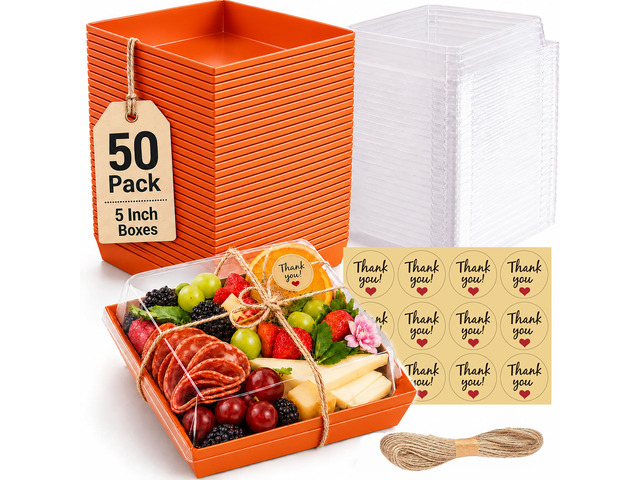 50 Pack 5in Small Charcuterie Boxes with Clear Lids, Mini Paper Containers Disposable Grease-Proof Dessert Packaging, Food Containers For...