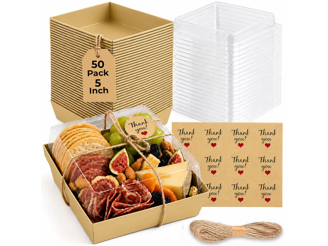 50 Pack 5in Small Charcuterie Boxes with Clear Lids, Mini Paper Containers Disposable Grease-Proof Dessert Packaging, Food Containers For...