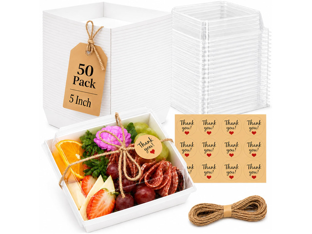 50 Pack 5in Small Charcuterie Boxes with Clear Lids, Mini Paper Containers Disposable Grease-Proof Dessert Packaging, Food Containers For...