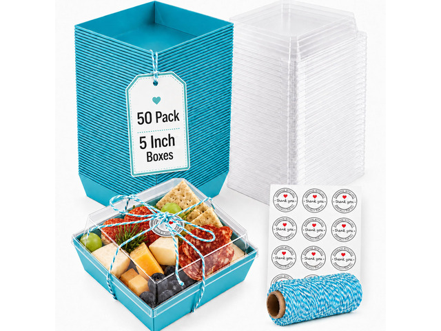 50 Pack 5in Small Charcuterie Boxes with Clear Lids, Mini Paper Containers Disposable Grease-Proof Dessert Packaging, Food Containers For...