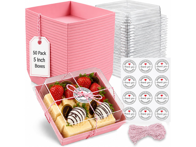 50 Pack 5in Small Clear Treat Boxes, Disposable Paper Dessert Boxes To Go Grease-Proof Charcuterie Containers, Mini Food Packaging For Cookies,...