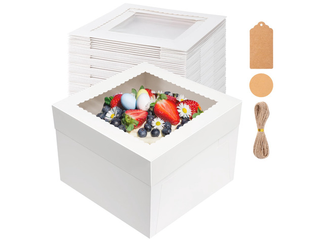 30 Pack Cake Boxes, 12x12x8 Inch White Cake Transport Container 12 inch Tall Cake Box with Stickers, Thick Cardboard, Cake Holder with Clear...