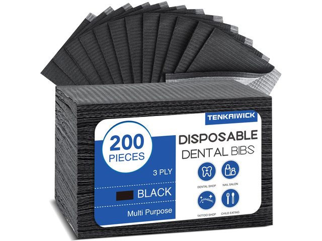 200 Pack Disposable Dental Bibs 13'x18', 3-Ply Waterproof Tattoo Bibs Sheet for Nail Salon, Dental Clinic, Feeding, Tattoo Shop (Black)