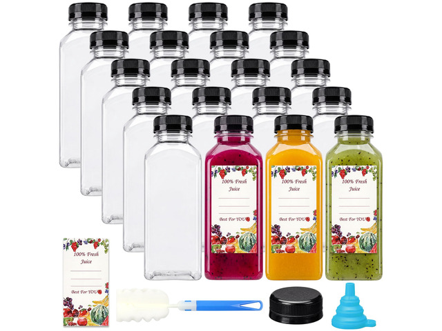 20pcs 12oz Plastic Juice Bottles with Caps Reusable Juicing Bottles, Clear Drink Containers with Lids for Juicing, Smoothie and Other Beverages