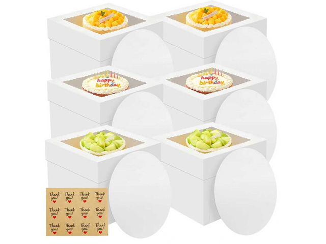 6 Pack Cake Boxes with Window, 10x10x8 Inches, for Wedding Birthday White Tall Cake Box, with 6 Cake Boards, Large Window Top, Disposable Cakes...