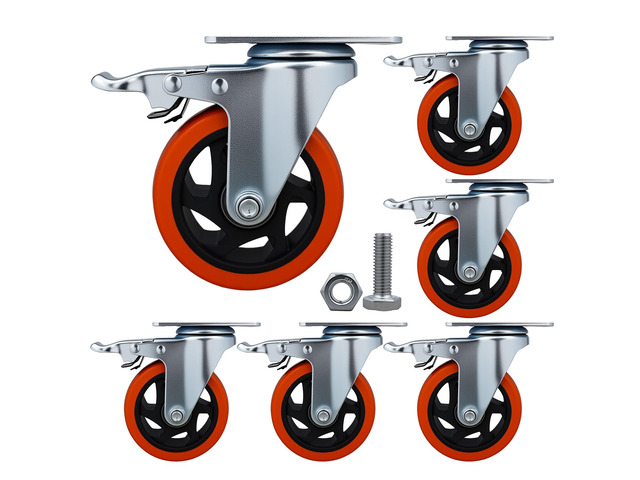 Htudcue 4 Inch Heavy Duty Casters 6 Pack, 3300 lbs Per 6 Orange Wheels, Plate Mount Swivel Casters with Brakes for Heavy Equipment & Tool Cabinets