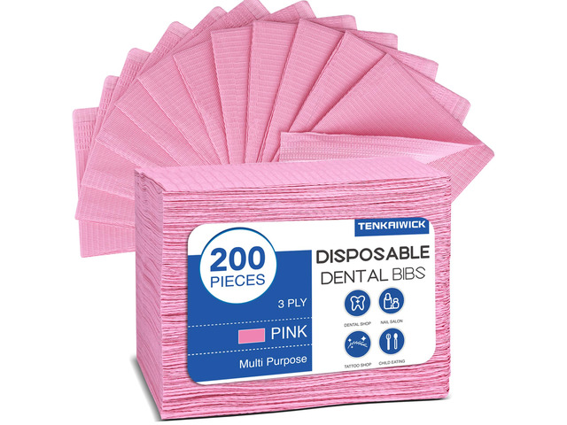 200 Pack Disposable Dental Bibs 13'x18', 3-Ply Waterproof Tattoo Bibs Sheet for Nail Salon, Dental Clinic, Feeding, Tattoo Shop (Pink)