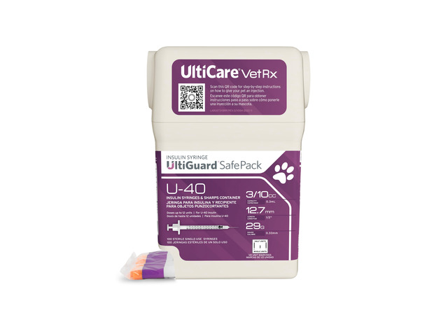 UltiGuard Safe Pack U-40 Pet Insulin Syringes, 3/10cc, 29G x 1/2', 100Ct HU VetRx All-in-One Insulin Syringes and Sharps Container, Works with Any...