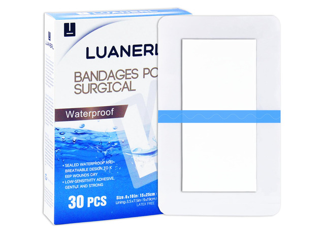 30 Pack 6'x10' Waterproof Adhesive Island Dressing for Post-Surgery Recovery Sterile Bordered Gauze Bandages with Non-Stick Pad for Knee/Hip...