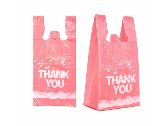 800 Count Pink Thank You T-Shirt Bags, 11 x 6 x 21 in Durable HDPE with handles, Thank You print, disposable carryout sacks for grocery, retail and...