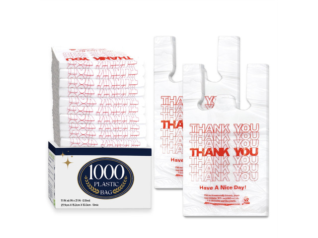 1000 Count White Thank You T-Shirt Bags, 11 x 6 x 21 in Durable HDPE with handles, Thank You print, carryout sacks for grocery, retail, takeout and...