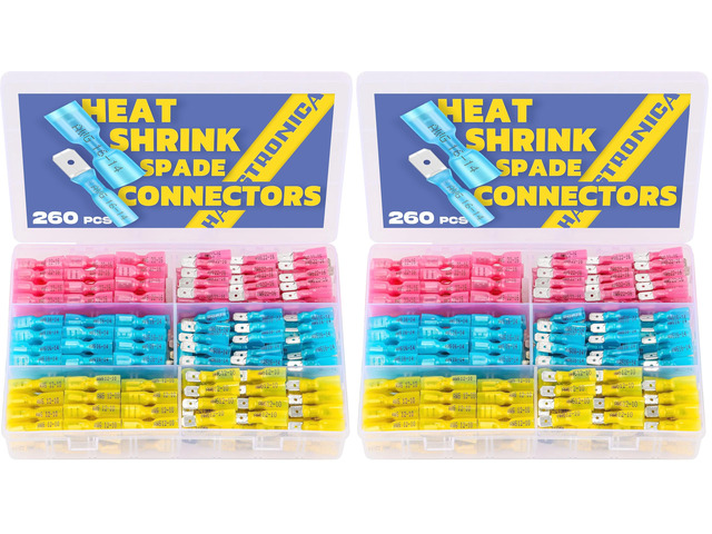 260PCS Heat Shrink Spade Connectors - Quick Disconnect Female & Male Spade Terminals for Watercraft, Electronics & Automotive (Pack of 2)